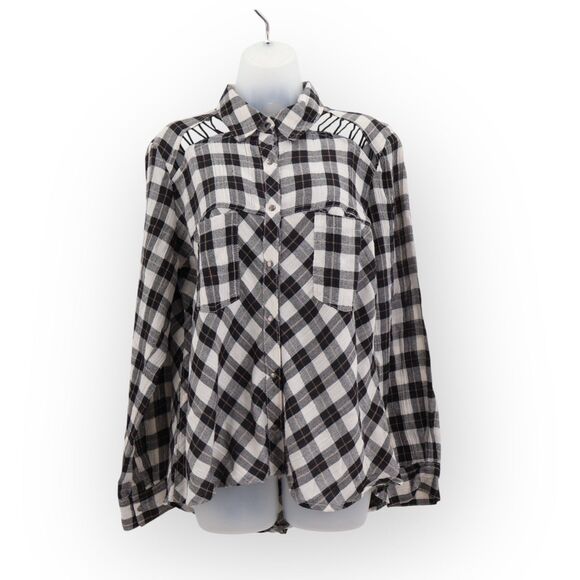 Free People Black White Plaid Snap Button Down Shirt Blouse Cutout Small Western - Picture 1 of 8